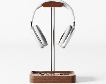 Walnut Wood Headphone Stand with Brass Rods & Valet Tray