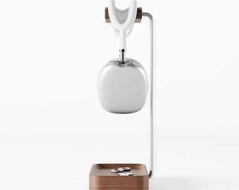 Walnut Headphone Stand with Brass Rods and Valet Tray