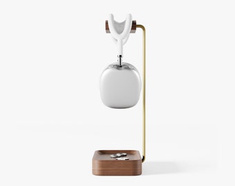 Walnut Wood Headphone Stand with Steel Rod & Base Tray