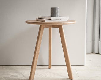 Solid Walnut Side Table: Round Modern Nightstand, Three-Legged Stool