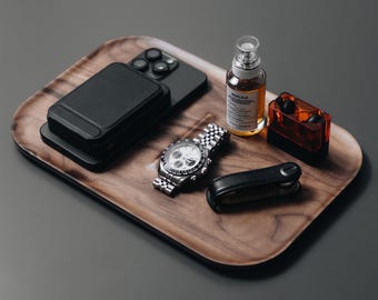 Walnut Valet Tray for EDC Black Wood Premium Catchall Tray Wooden Concierge Tray Jewellery Display Organizer for Him
