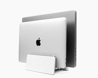 White Wood Vertical Laptop Stand: Adjustable Dual Slot Dock for Laptop & Tablets