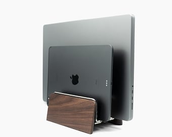 Walnut Wood Vertical Laptop Stand: MacBook, Surface Pro Dock