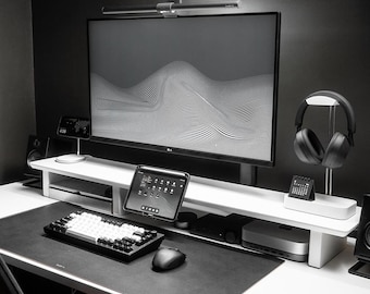 White Desk Shelf System Dual Monitor Riser Stand Premium 15-Ply Oak Desk Setup Essential Screen Large Desk Organizer with Shelf