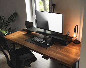 Black Desk Shelf System Dual Monitor Riser Stand Premium 15-Ply Wood Desk Setup Essential Screen Large Desk Organizer with Shelf