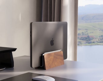 Walnut Wood Vertical Laptop Stand: Dual Slot Clamshell Dock