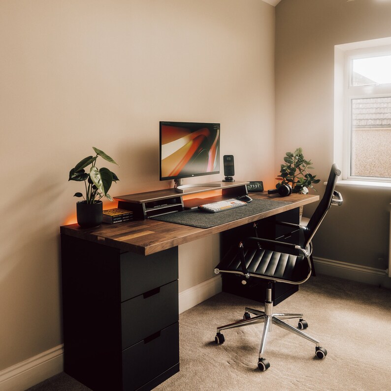 Desk Shelf System Dual Monitor Riser Stand Premium 15-ply Black Wood ...