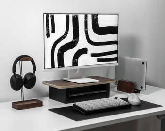 Small Walnut Desk Shelf System Dual Monitor Riser Stand Premium 15-Ply Desk Setup Essential Screen Large Desk Organizer with Shelf