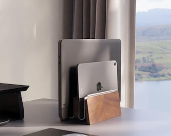 Soporte vertical para portátil de madera de nogal, base para MacBook y organizador de escritorio