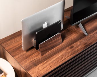 Walnut Wood Vertical Laptop Stand: MacBook, Surface Pro Dock