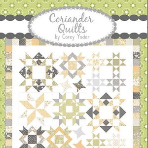 May include: A quilt pattern titled "Coriander Quilts" by Corey Yoder. The design features star patterns in shades of gray, yellow, and green on a white background. The text "#191 Joy Filled" is at the bottom, with the phrase "makesomethingbeautiful" below the quilt design.