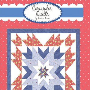 May include: A quilt pattern featuring a central star design with blue, red, and white geometric shapes. The quilt is framed by a blue border and set against a red polka dot background. Text includes "Coriander Quilts" and "Barn Star 12".