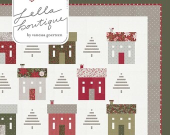 May include: A quilt pattern featuring a repeating design of stylized houses and Christmas trees in red, green, and gray on a white background. The pattern includes the text "Holiday House" and the designer's name.