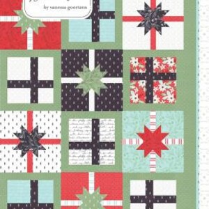 May include: A quilt pattern featuring a grid of gift box designs in red, white, and blue, with star-shaped accents. The text "Lella Boutique" and "Hustle & Bustle" are visible.