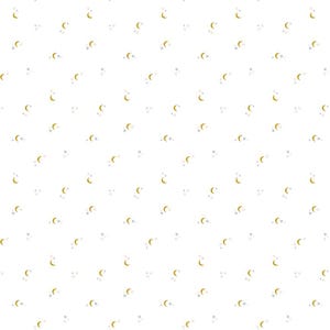 May include: White background with a repeating pattern of gold crescent moons and small gray stars. The celestial design is evenly spaced across the surface, creating a subtle, yet elegant aesthetic.