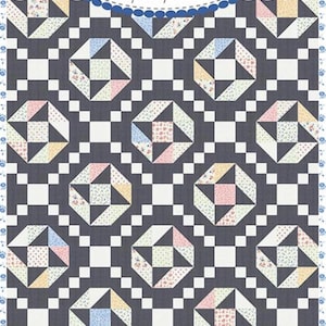 May include: A quilt pattern with a black and white checkered background and a repeating pattern of colorful octagons. The quilt pattern is titled "Coriander Quilts" by Corey Yoder and is labeled #230 Bespoke.