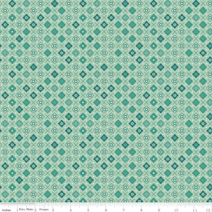 May include: A patterned fabric with a repeating floral design in shades of teal and green on a light green background. The pattern includes small white dots and cross-like shapes, creating a geometric and floral aesthetic. The fabric is suitable for quilting and crafting.