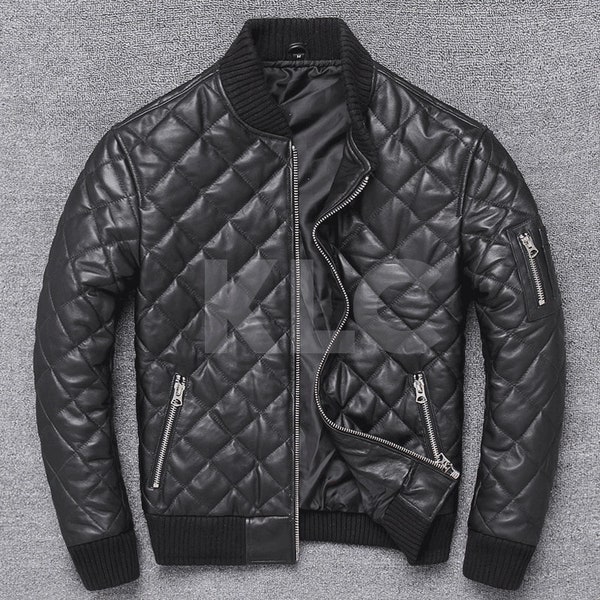 Genuine Lambskin Leather Jacket Cafe Racer Motorcycle Biker Black Quilted Jacket Hand Made Leather Jacket