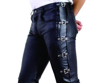 Men's Leather Pants, Buckle Pants for Men, Party Pants, Casual Wear Leather Pants. Leather Trouser Gift For Him