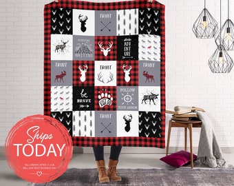 Personalized Red + Black Buffalo Check Plaid Blanket - Antler Adventure Woodland Creature Throw Blanket - Custom Plaid Positive Quote