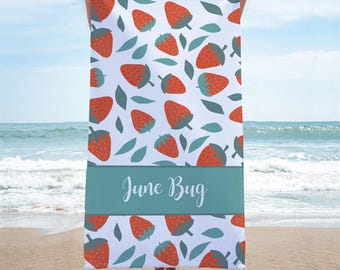 Personalized Strawberry + Name Beach Towel, Custom Towel Perfect for Kid's, Toddler's, Teen's and Grown ups! Pool Towel