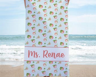 Personalized Peach + Name Beach Towel, Custom Towel Perfect for Kid's, Toddler's, Teen's and Grown ups! Pool Towel