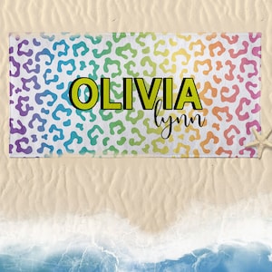 Personalized Name Rainbow + Cheetah Print Beach Towel, Custom Towel Perfect for Kid&#39;s, Toddler&#39;s, Teen&#39;s and even Grown up 90&#39;s Fanatic&#39;s