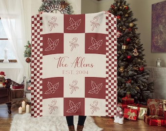 Personalized Holiday Checkered Family Name Blanket - Retro Christmas Square Patch Design