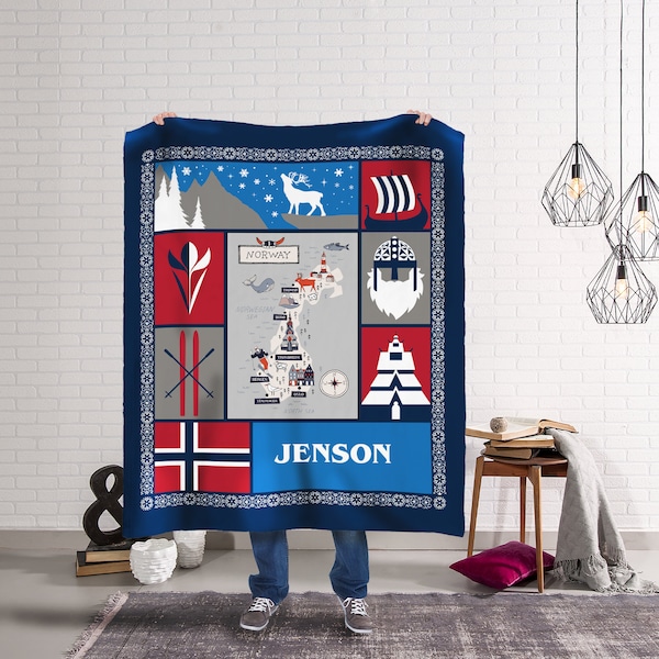 Personalized Norway Heritage Name Blanket - Nordic Family Name Blanket Gift
