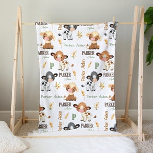 Personalized Cow Baby Blanket, Farm Baby Blanket, Farm Animal Baby Shower Gift, Nursery, Birthday Gift, Baby Bedding Cow Farm Theme Girl Boy
