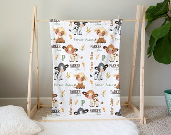 Personalized Cow Baby Blanket, Farm Baby Blanket, Farm Animal Baby Shower Gift, Nursery, Birthday Gift, Baby Bedding Cow Farm Theme Girl Boy