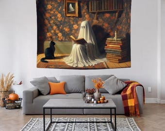 Spooky Ghost Reading Books + Black Cat, Landscape Wall Art, Halloween Fall Wall Hanging Modern Decor