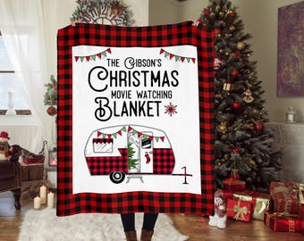 Personalized Happy Camper Blanket - Custom Name Blanket - Christmas, Camping, Glamping, Outdoors, Nature, Flannel Boarder