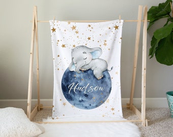 Personalized Baby Elephant Sleeping on the Moon - Blue Moon Nighttime Baby Name Blanket - Custom Baby Name Blanket - Elephant Baby Bedding