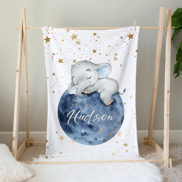 Personalized Baby Elephant Sleeping on the Moon - Blue Moon Nighttime Baby Name Blanket - Custom Baby Name Blanket - Elephant Baby Bedding
