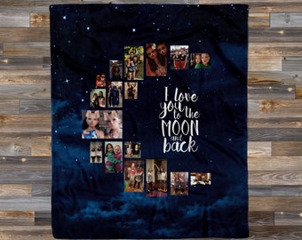 Personalized I Love You To The Moon Photo Collage Blanket, Custom Photo Blanket, Fleece Throw, Fluffy Minky Blanket and Soft Sherpa Options