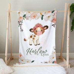 Baby Calf Personalized Baby Name Blanket - Custom Baby Name Blanket - Magnolia Rose design - Farm, Ranch, Country life, Baby Cow