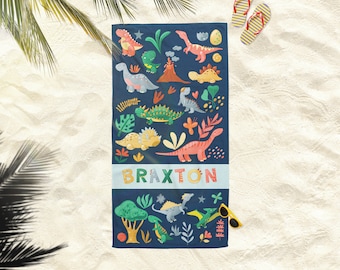 Custom Name Dinosaur Beach Towel, Personalized Towel Perfect for Kids, Toddlers, Teens and even Grown-Ups!