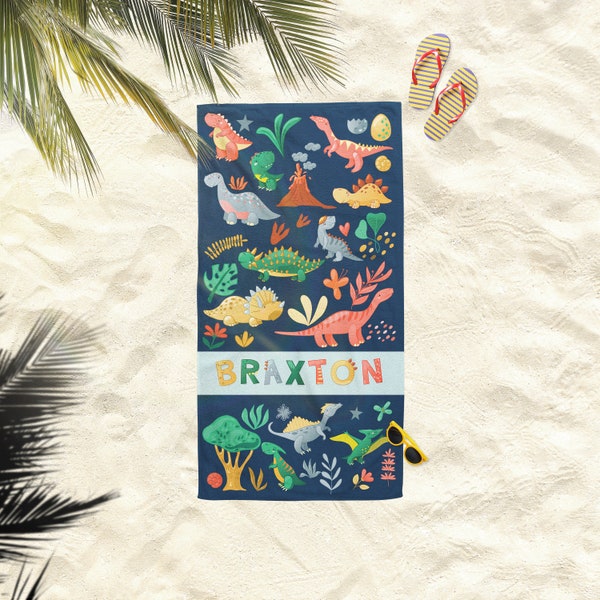 Custom Name Dinosaur Beach Towel, Personalized Towel Perfect for Kids, Toddlers, Teens and even Grown-Ups!