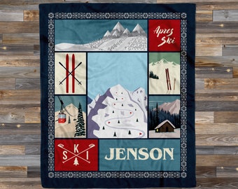 Personalized Apres Ski Name Blanket - Skiing Snow Slopes Vintage Ski Name Blanket Gift