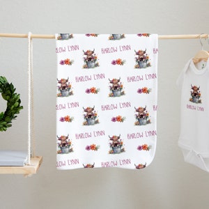 Personalized Highland Cow Baby Blanket, Girl Farm Baby Blanket, Farm Animal Baby Shower Gift, Nursery, Baby Bedding Cow Farm Theme
