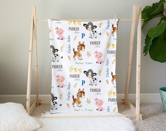 Baby Farm Animals Personalized Name Repeat Blanket - Custom Baby Calf Name Blanket - Farm Animals, Farm, Ranch, Country life, Baby Cow