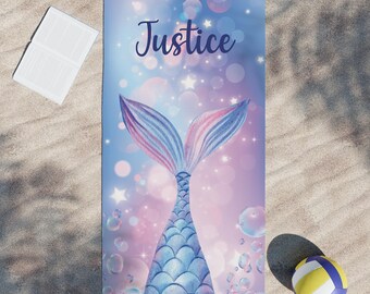 Personalized Mermaid Tail Beach Towel, Boho Glam Vacation Pool Towel, Kids, Adult, or Teen Beach Towel