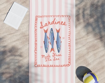 Trendy Sardine and Stripes Towel, Boho Custom Pool Towel, Retro 70's Style, Vacation Towel, Kids, Adult, or Teen Beach Towel