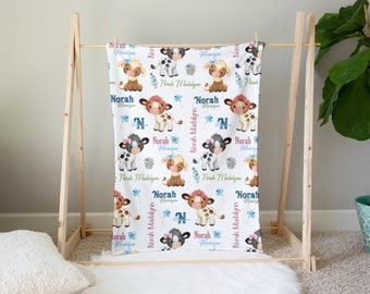 Baby Girl Cow Personalized Name Repeat Blanket - Custom Baby Calf Name Blanket - Farm Animals, Farm, Ranch, Country life, Baby Cow