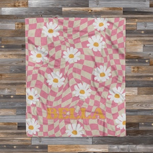 Personalized Checker Daisy Hippie + Name Blanket, Boho Custom Blanket, Retro 70&#39;s Style