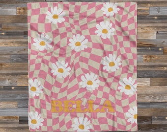 Personalized Checker Daisy Hippie + Name Blanket, Boho Custom Blanket, Retro 70's Style