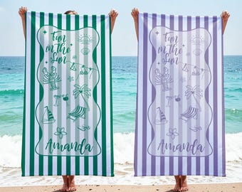 Personalized Striped Beach Life Towels - Fun in the Sun - Customize with Any Beachy Slogan