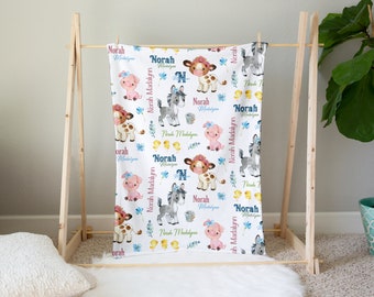 Baby Girl Farm Animals Personalized Name Repeat Blanket - Custom Baby Calf Name Blanket - Farm Animals, Farm, Ranch, Country life, Baby Cow