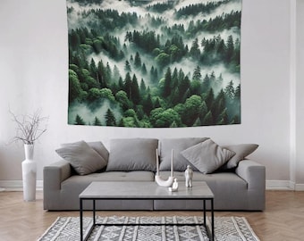 Fog through the Trees Tapestry, Landscape Wall Art, Boho Nature Forest Fog Wall Hanging Modern Decor